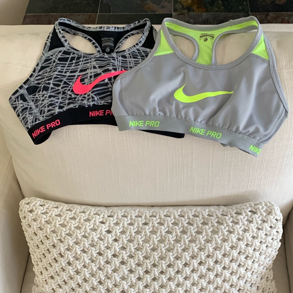 2 Nike Pro Sports Bras, Lime Green and Grey and Hot Pink, Grey, and Black